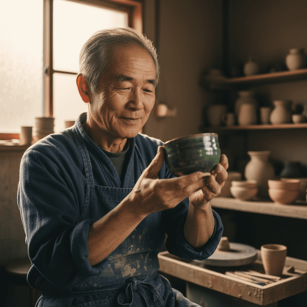 Un primer plano fotorrealista de un ceramista japonés de edad avanzada…