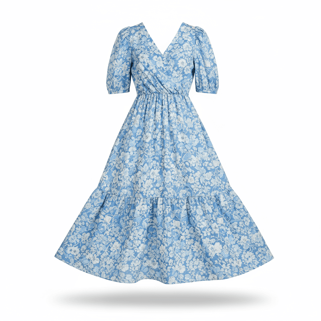 Una foto profesional de un vestido de verano azul con flores…