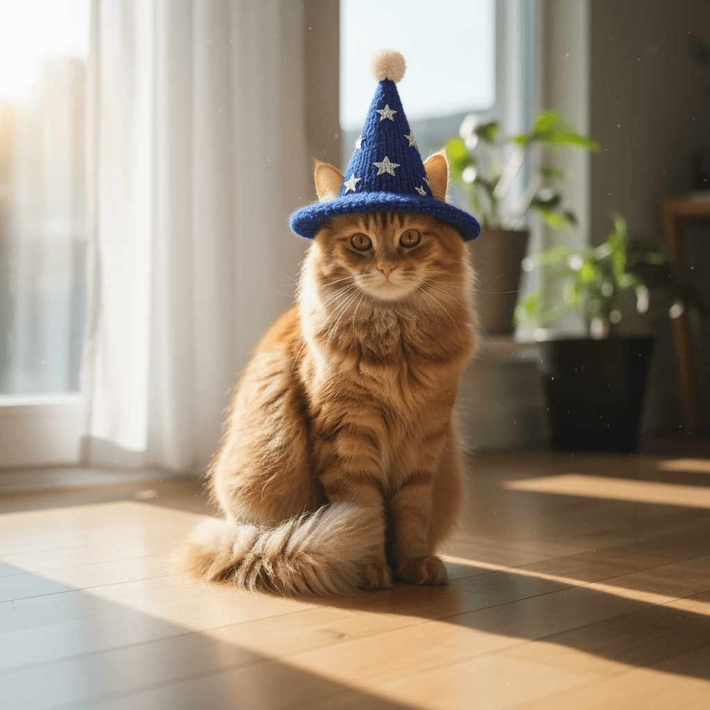 Con la imagen de mi gato que te proporciono, agrega un pequeño sombrero de mago tejido…